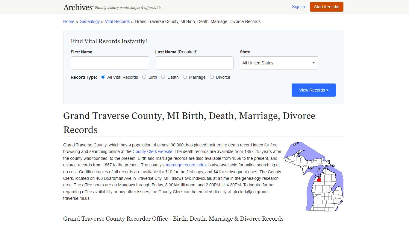 Grand Traverse County, MI Birth, Death, Marriage, Divorce Records